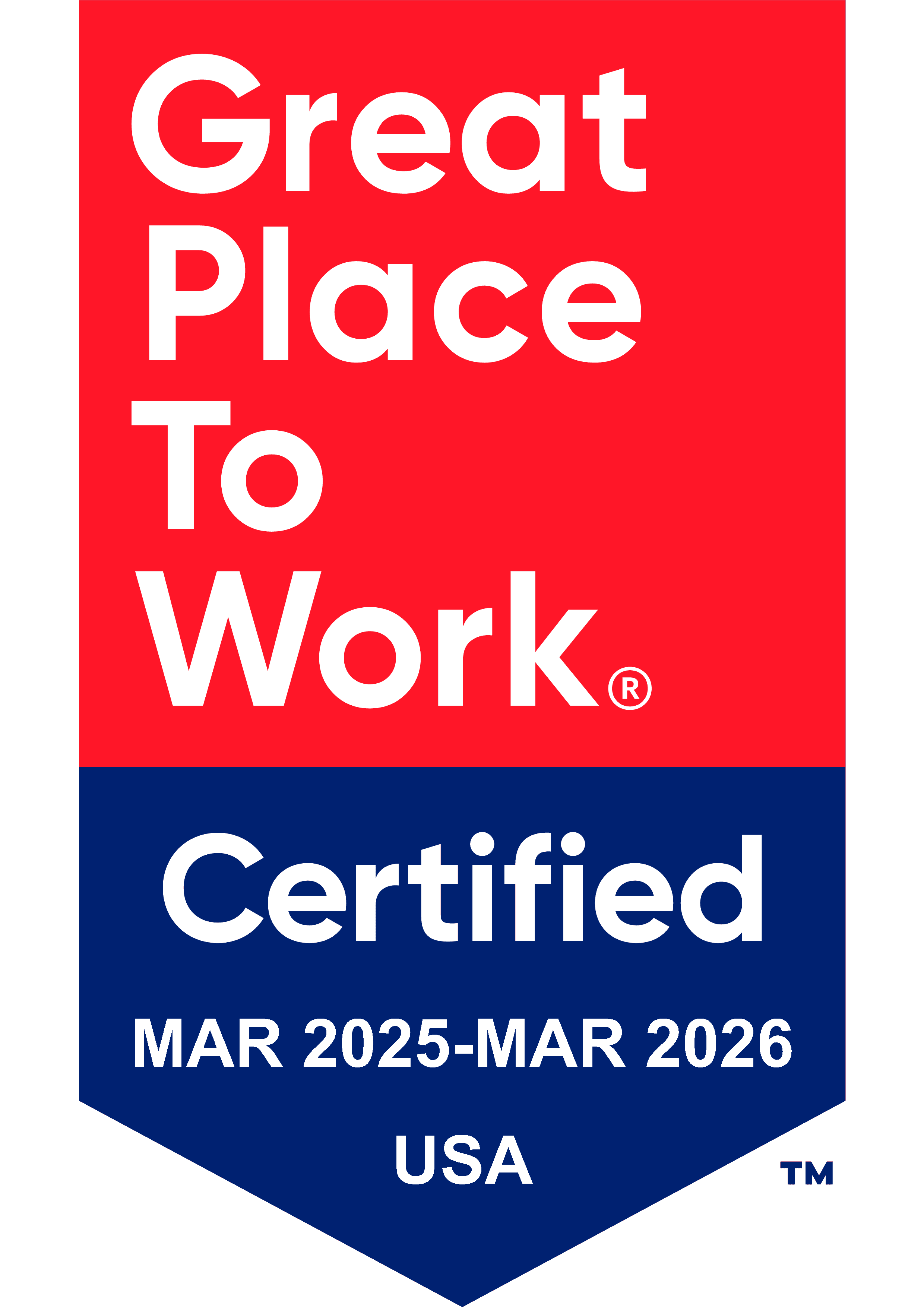A red, white, and blue shield-shaped badge that says “Great Place to Work Certified.”