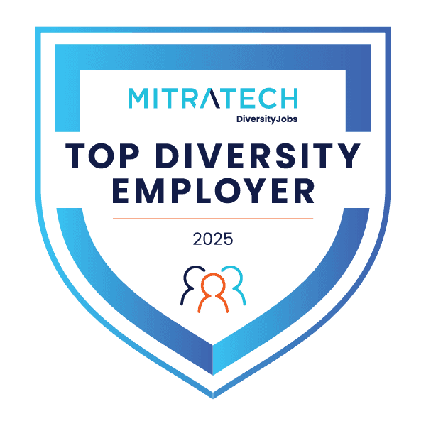 A circular badge with a green and blue color scheme and a ribbon at the bottom. It says “DiversityJobs.com Employer Member 2023, Committed to diversity in the workplace.